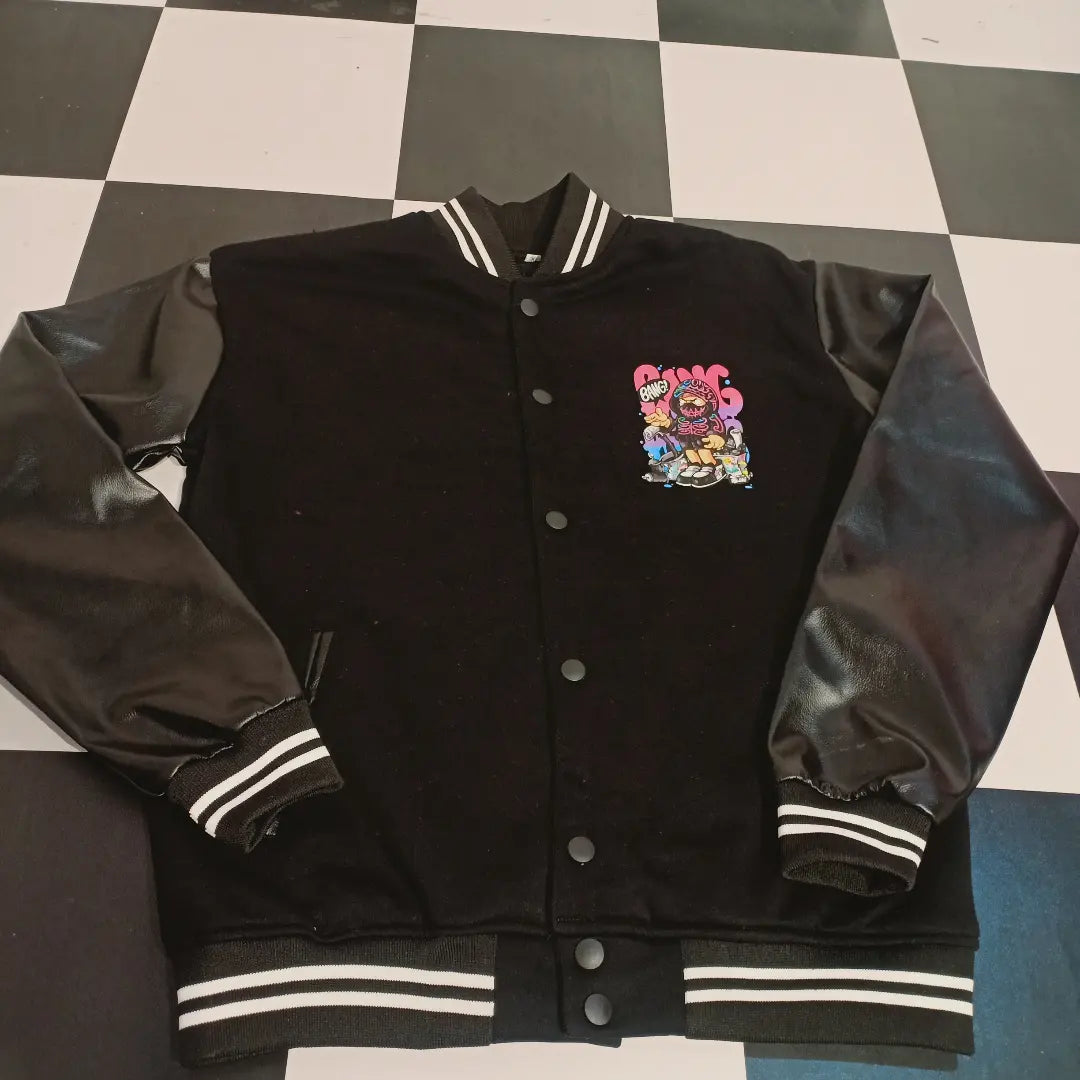 Vegan Leather Sleeve Back Printed Varsity Jacket