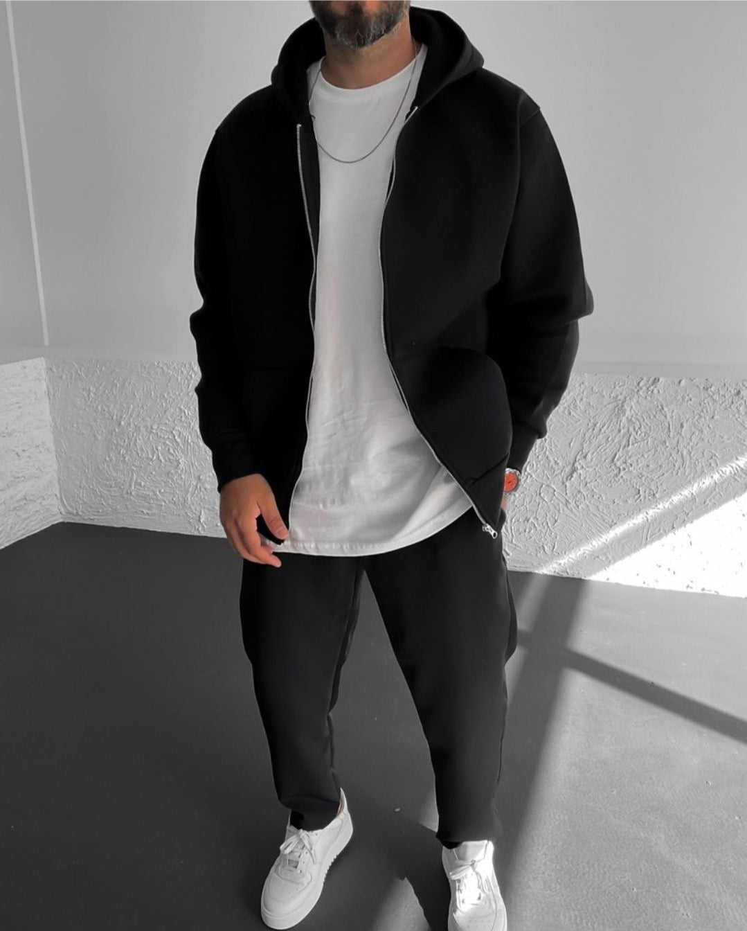 Basic Plain Black Zipper Tracksuit For Mens