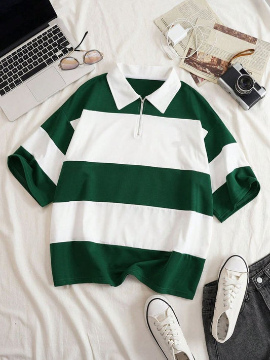 Colour Block Half Sleeve Zip Collar T-shirt