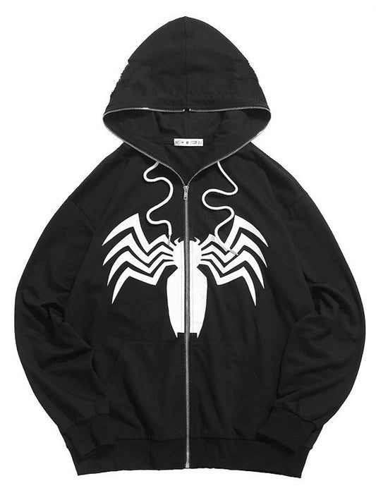 Spider-printed full-length zip-up hoodie featuring an all-over spider graphic design, unisex style, and comfortable fit for casual wear.