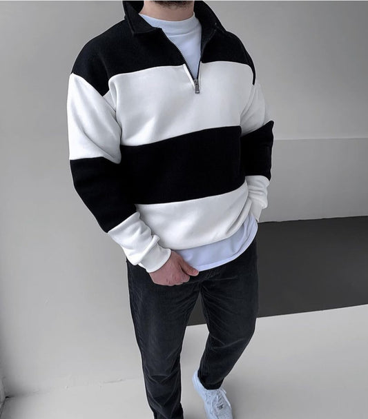 Oversize Colour Block Black & White Half Zip Collar Sweatshirt