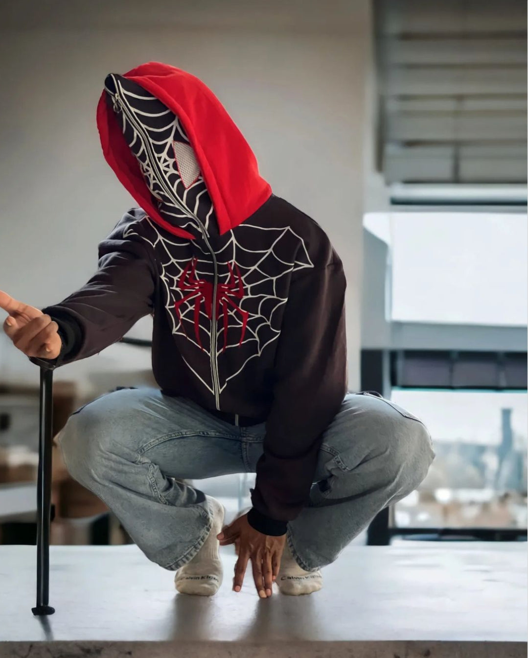 Vintage inspired spiderman double cap full length zip up hoodie for men