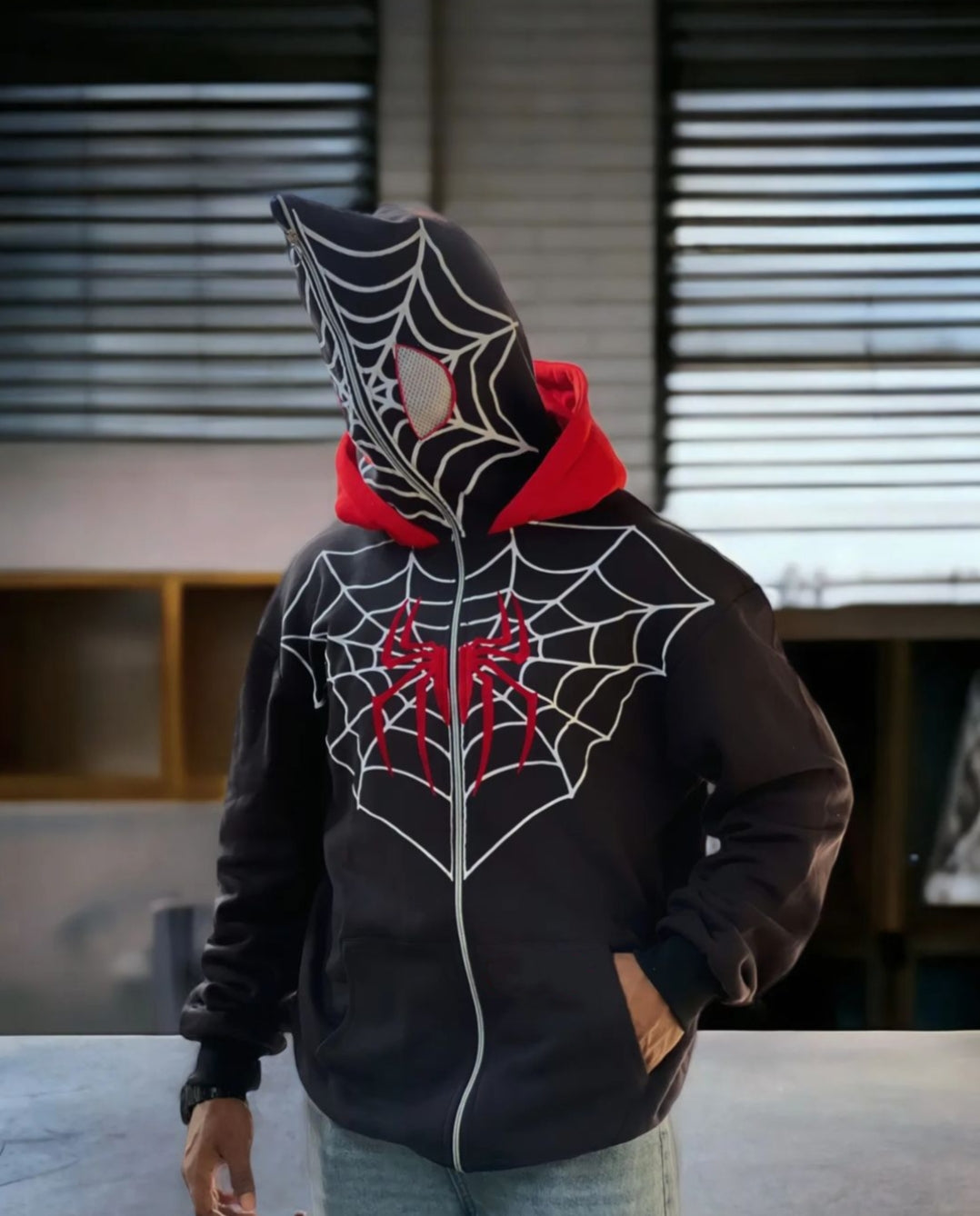 Vintage Inspired Spiderman Double Cap Full Length Zip Up Hoodie For Mens