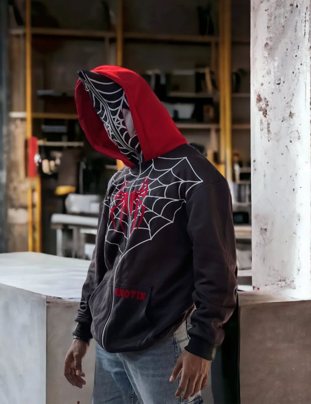 Vintage Inspired Spiderman Double Cap Full Length Zip Up Hoodie For Mens