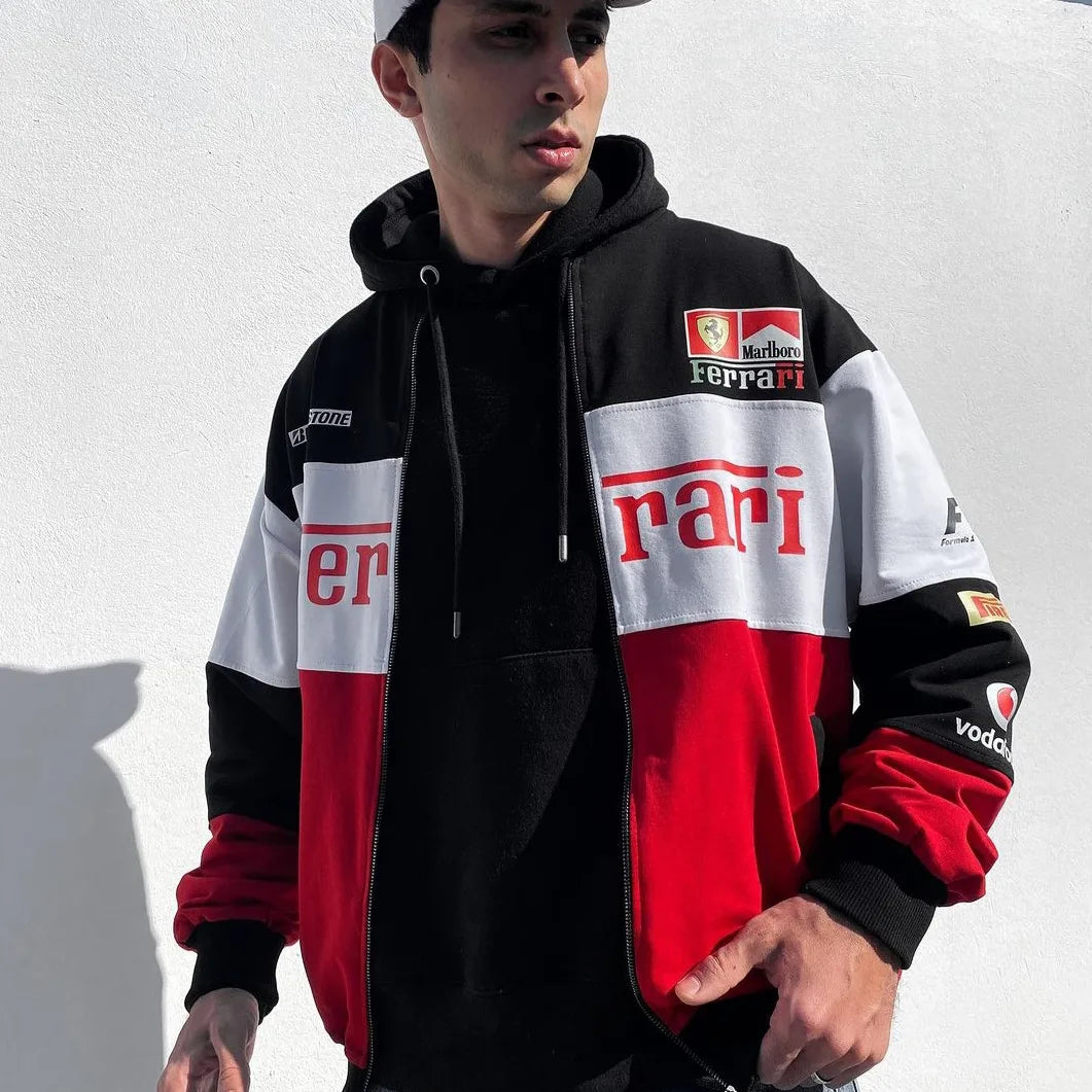 Ferrari racer bomber jacket featuring a sleek design with iconic Ferrari branding and bold color accents. This stylish jacket combines high-quality materials and a comfortable fit. 