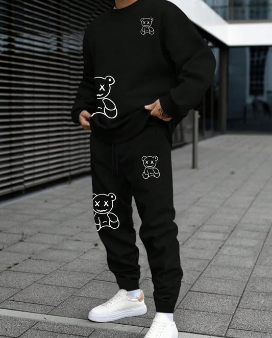 Men's Cartoon Bear Printed Oversize Casual Wear Tracksuit