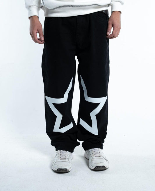 Aesthetic Y2k Star Printed Baggy Straight Fit Black Jeans