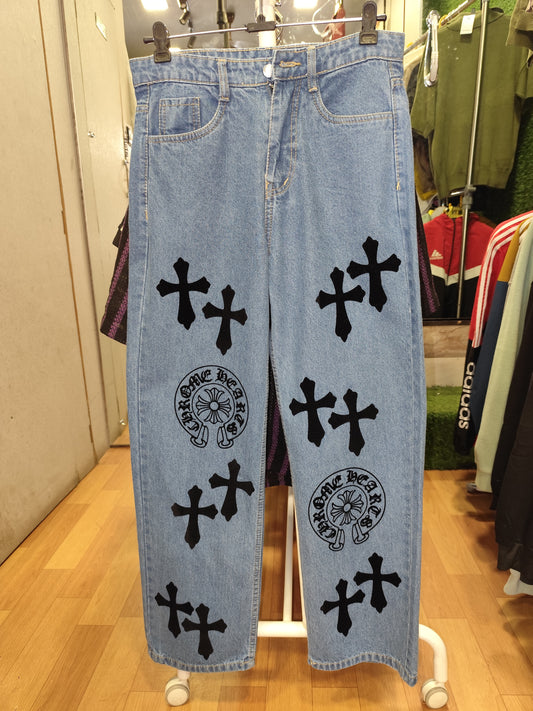 Aesthetic Straight Fit Chrome Heart Cross Printed Baggy Jeans