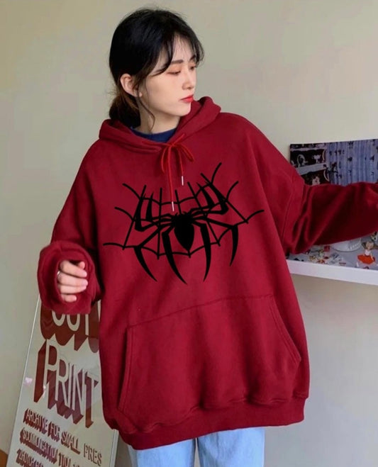 Limited edition oversized fleece hoodie for women featuring a Spiderman web print design, full sleeves, and a comfortable fit.