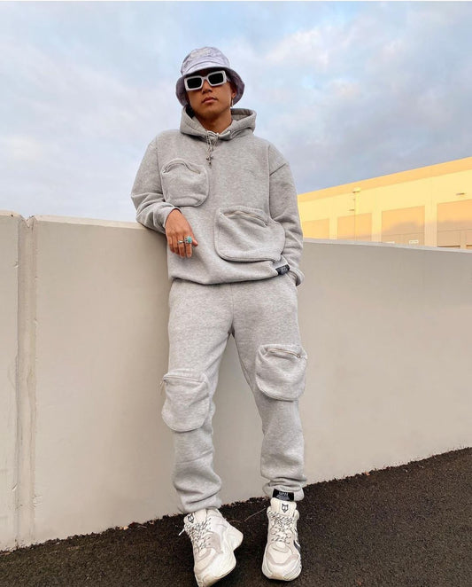 Y2K Streetwear Hip Hop Fashion Oversized Round Zip Pocket Grey Tracksuit For Mens