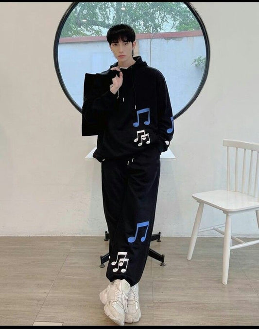 Korean Kpop Fashion Music Note Logo Printed Casual Wear Oversized Fleece Tracksuit For Mens