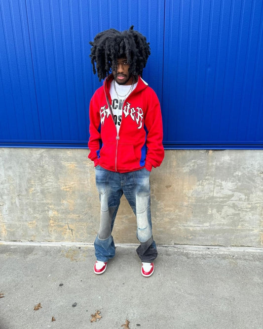 Red Spiderman full-length zip-up Y2K hoodie with bold graphics, unisex design, stylish and comfortable for casual wear.