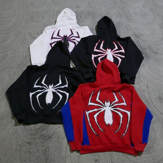 Back View Vintage Spiderman full-length zip-up hoodie in Y2K fashion style, featuring iconic Spiderman graphics, unisex design, and a trendy look.