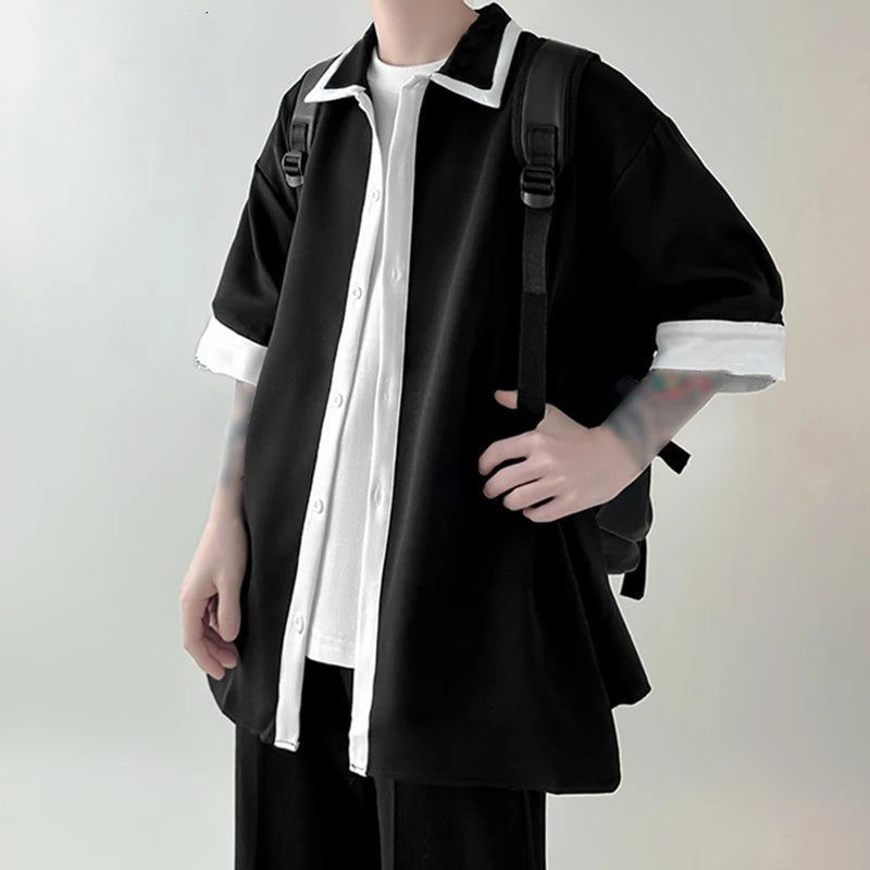 Japanese Style Shirt Off Shoulder Y2K Lapel Half Sleeve Button Streetwear Fashion For Mens