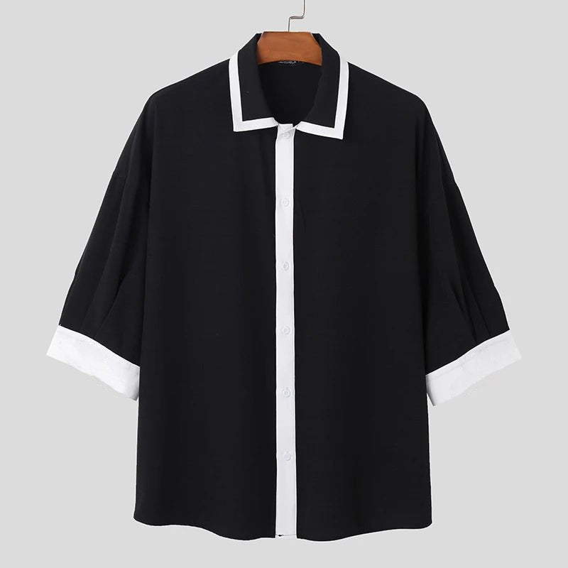 Japanese Style Shirt Off Shoulder Y2K Lapel Half Sleeve Button Streetwear Fashion For Mens