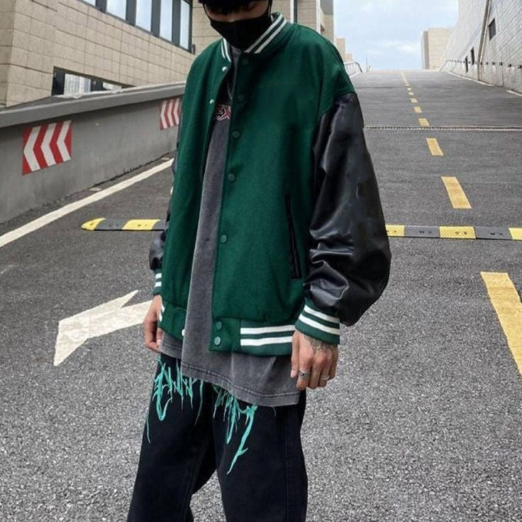 Aesthetic Men Green Loose Fit Retro Leather Varsity Jacket