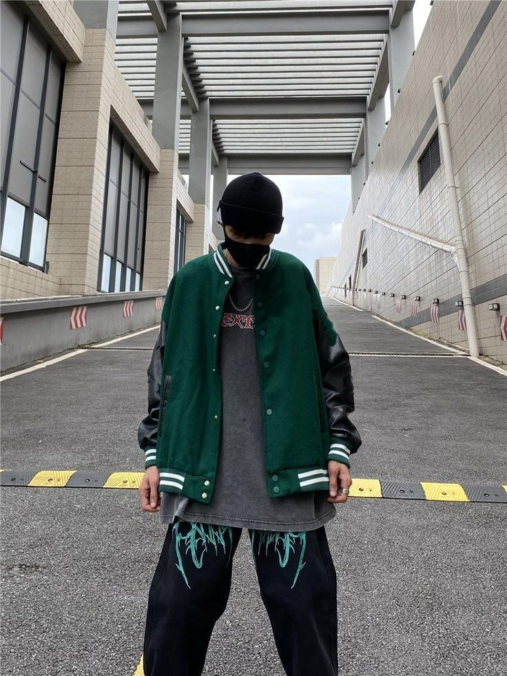 Aesthetic Men Green Loose Fit Retro Leather Varsity Jacket