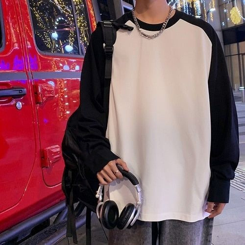 Mens Color Block Oversized Casual Round Neck Korean Streetwear Loose Long Sleeve T-shirt For Mens