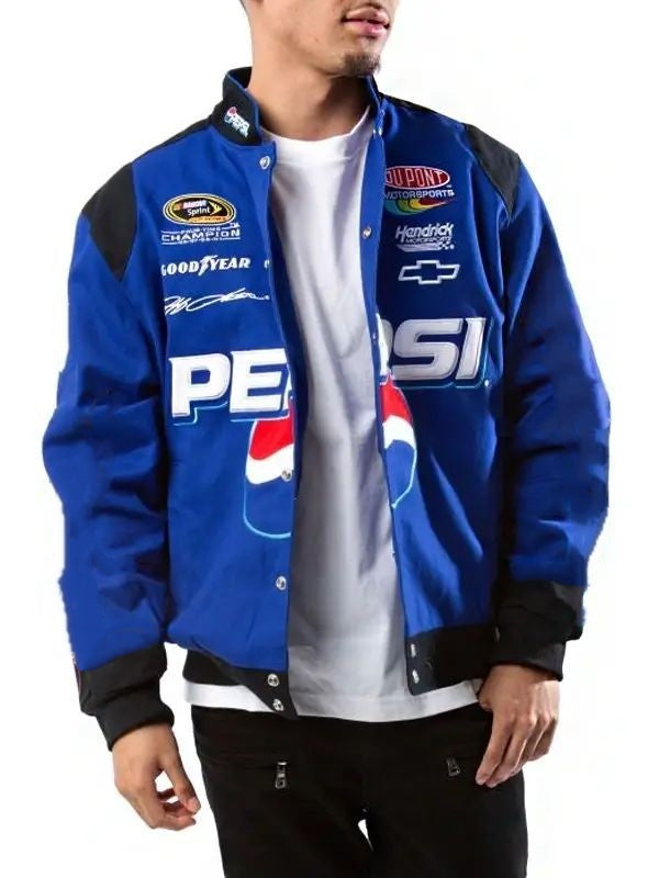 A vintage Pepsi racing jacket featuring a vibrant blue color with red and white accents, designed for a sporty look.