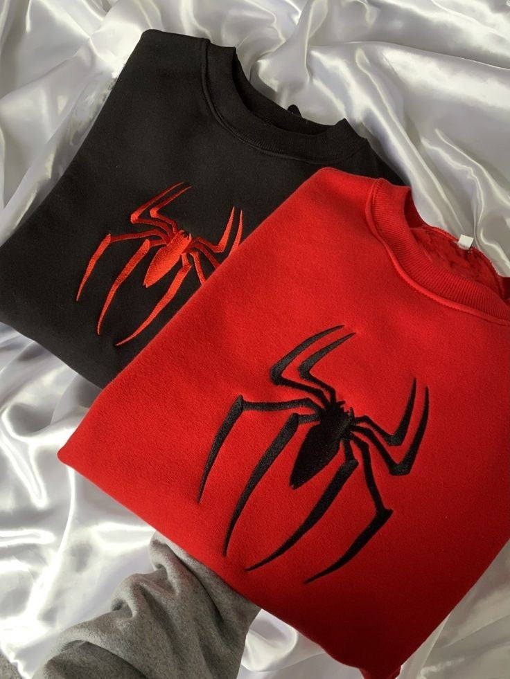 Spiderman embroidery couples matching sweatshirts, perfect for Valentine's gifts, featuring stylish embroidered graphics for couple goals.