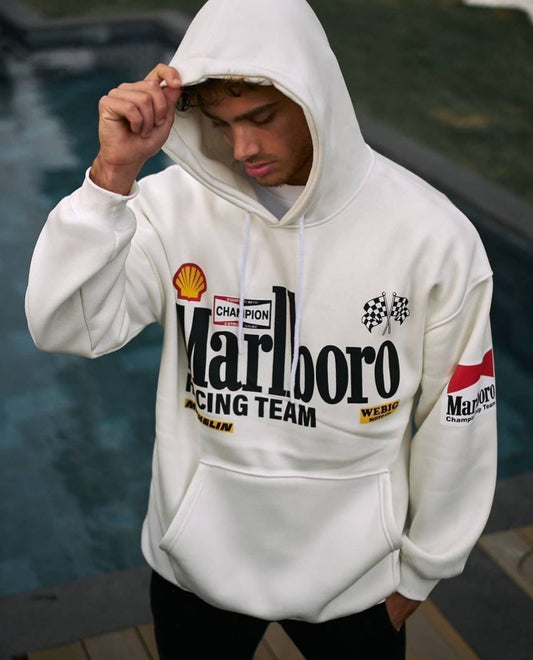 Marlboro Racing Printed Oversized Drop Shoulder Casual Pullover Hoodie For Mens