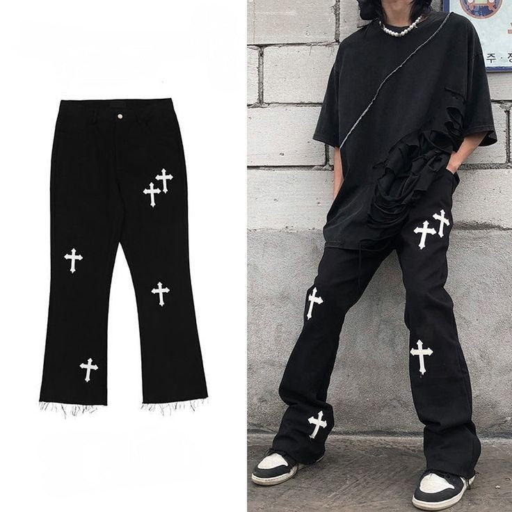 Aesthetic Y2K Retro Cross Print High Street Baggy With Tone Hip Hop Fashion Black Denim Jeans For Mens