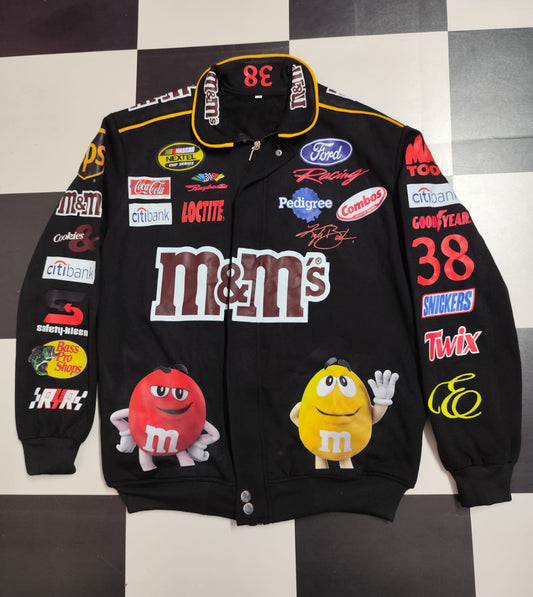 Vintage M&M motorcycle racing jacket featuring a classic retro racer design. This stylish jacket is inspired by motorsports, crafted with durable materials and adorned with bold logos and racing details.