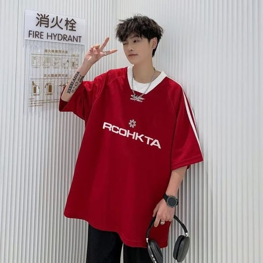 Classic korean Fashion Jersey Style 3 Bar Striped Oversized Drop Shoulder Short Sleeves T-shirt For Mens