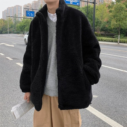 Men's Winter Black Furr Harajuku Heavy Wollen Korean Style Zip Collar Oversized Jacket Fashion Outfit