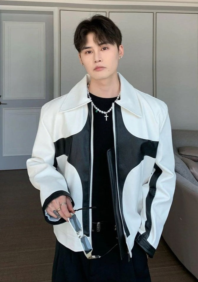 Iconic Style Korean Fashion Streetwear Oversized Black & White Vegan Leather Jacket For Mens