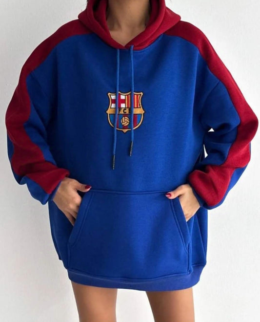 Buy Classic FC Barcelona Vintage Royal Blue Fleece Oversized Pullover Hoodie For Women's Online Clothing Fashion