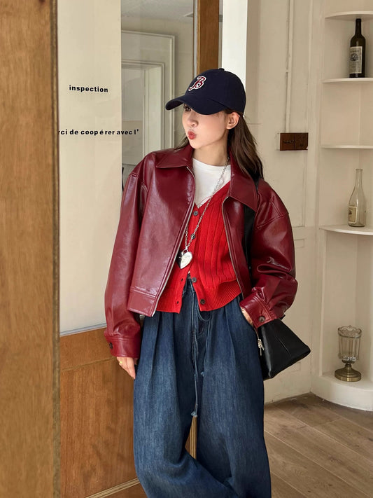 Wine Colour Faux Leather Jacket For Womens