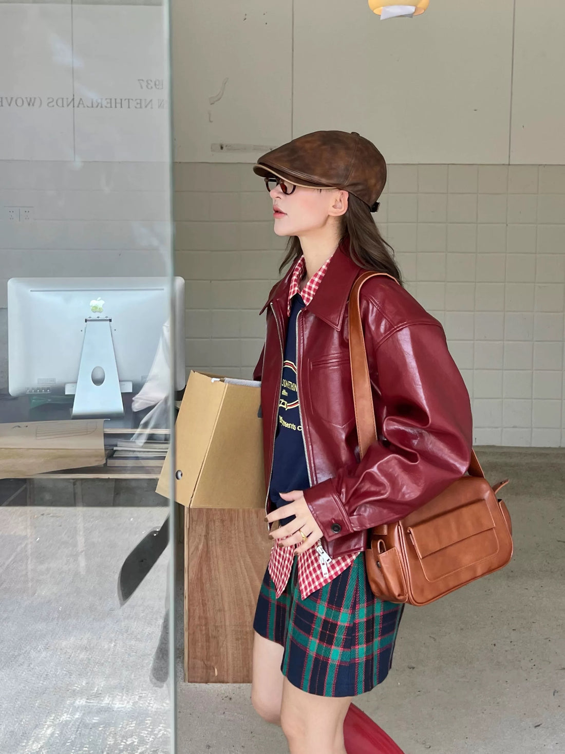 Wine Faux Leather Jacket For Womens