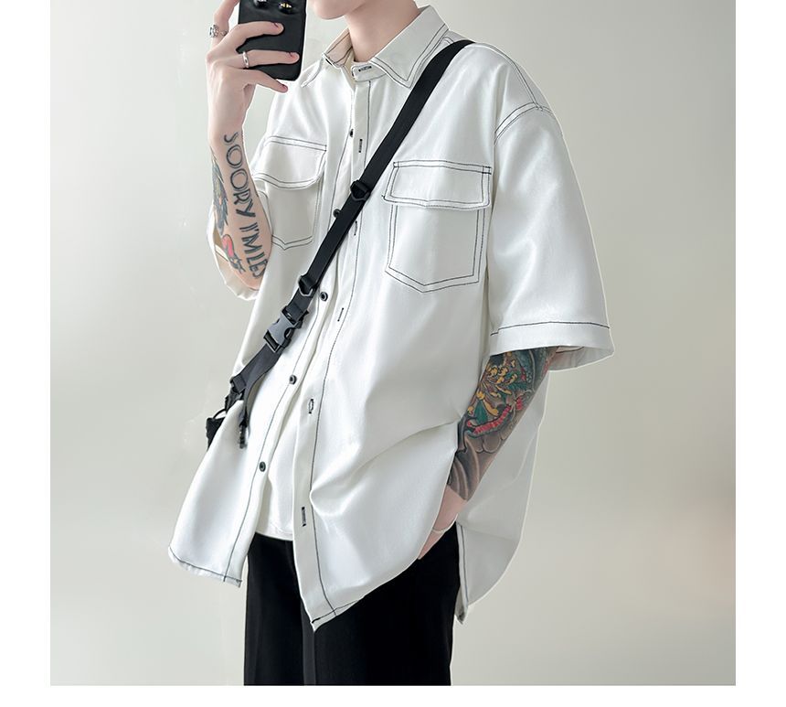 Mens Double Stitching Flap Pocket Drop Shoulder Oversized Shirt For Mens | Korean Street Style Fashion Clothing |