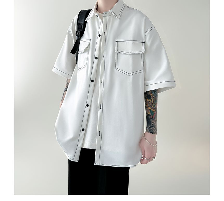 Mens Double Stitching Flap Pocket Drop Shoulder Oversized Shirt For Mens | Korean Street Style Fashion Clothing |