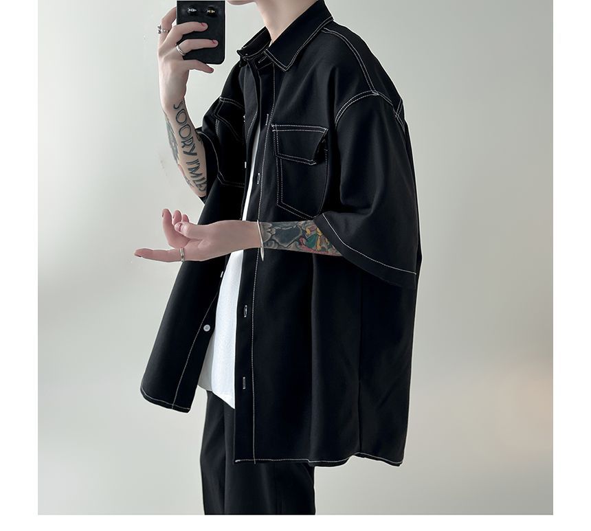 Mens Double Stitching Flap Pocket Drop Shoulder Oversized Shirt For Mens | Korean Street Style Fashion Clothing |