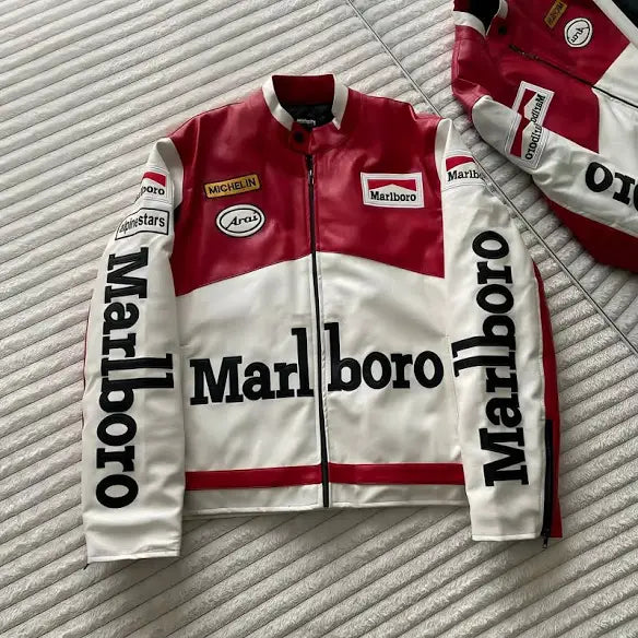 Red and white jacket with Marlboro branding on a textured surface