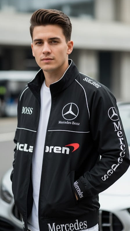 Person wearing a black jacket with Mercedes-Benz and McLaren logos.