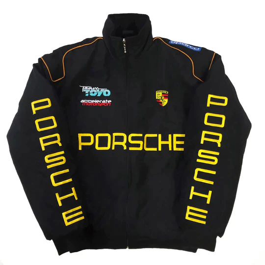 Porache vintage racing jacket featuring intricate embroidery and classic motorsport design elements. 