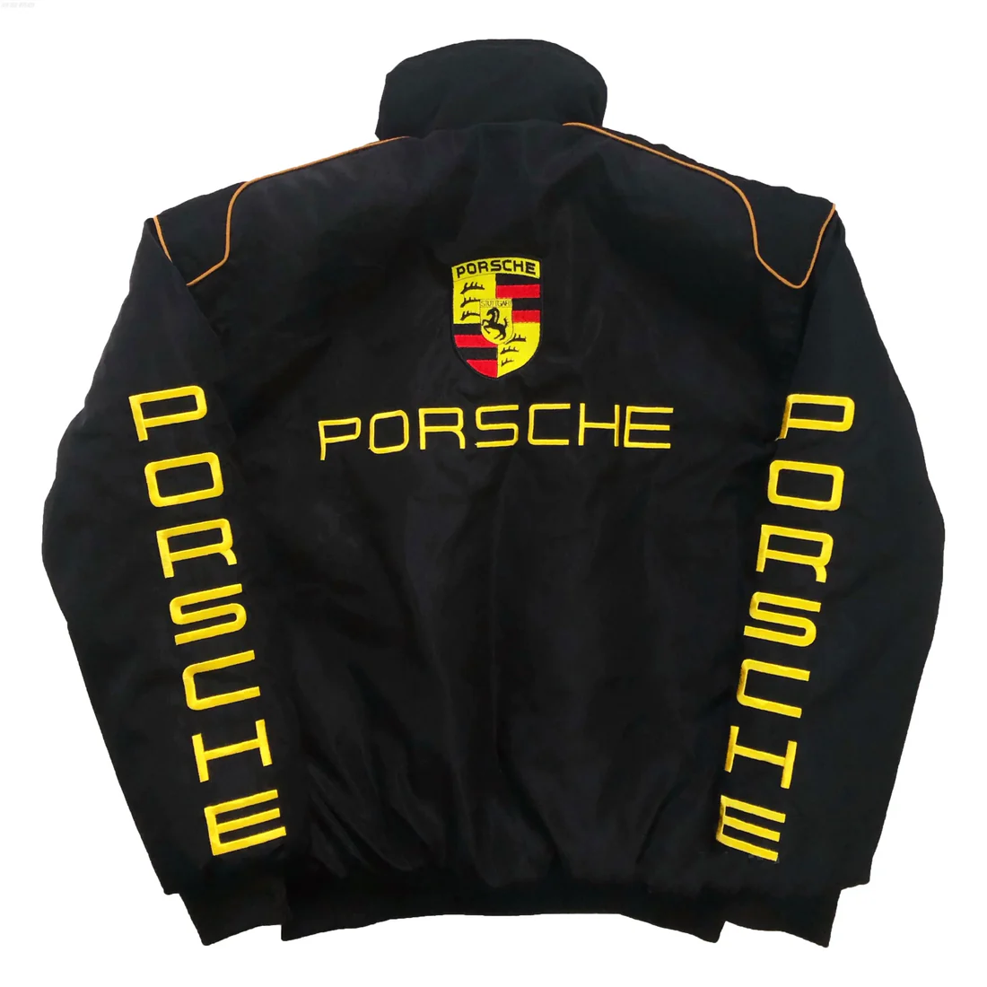 The back view of a vintage Porsche F1 racing jacket in an oversized fit. The jacket is designed with a sleek black base and features a prominent Porsche logo and racing graphics. 