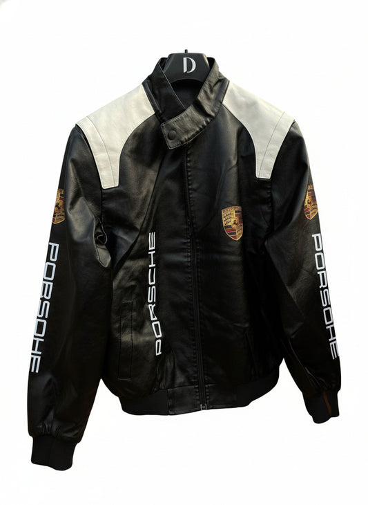 Black Porsche jacket with white accents on a white background
