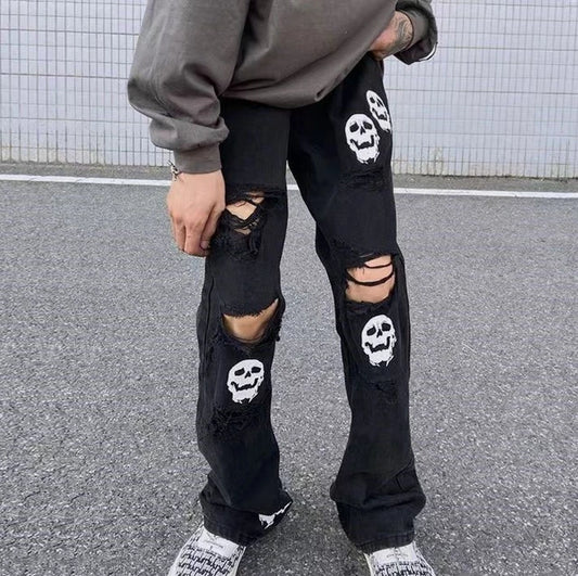 Vintage Y2K Harajuku Ripped Hole Skull Print Straight Fit Baggy Black Denim Jeans For Mens