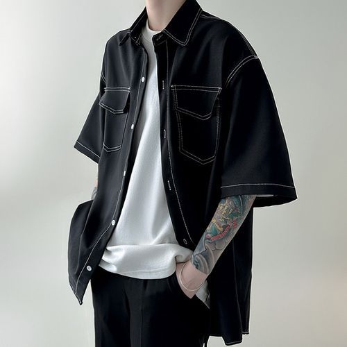 Mens Double Stitching Flap Pocket Drop Shoulder Oversized Shirt For Mens | Korean Street Style Fashion Clothing |