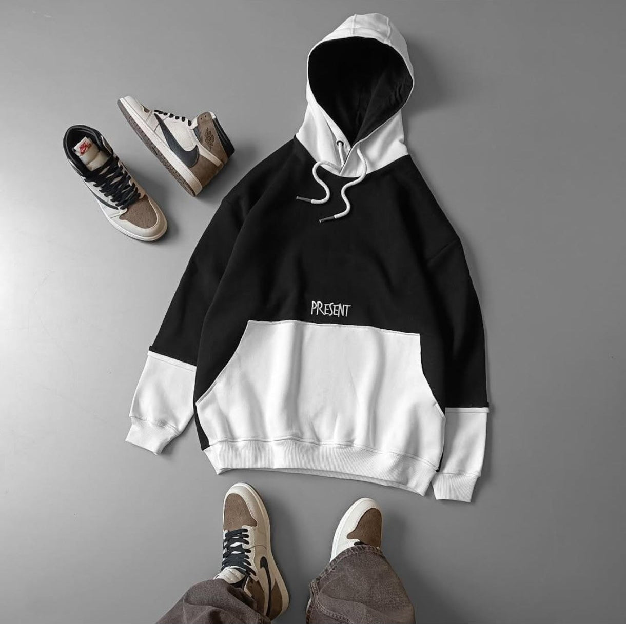 Y2K Style Oversized Black & White Colourblock Embroidery Pullover Streetwear Fashion Hoodie