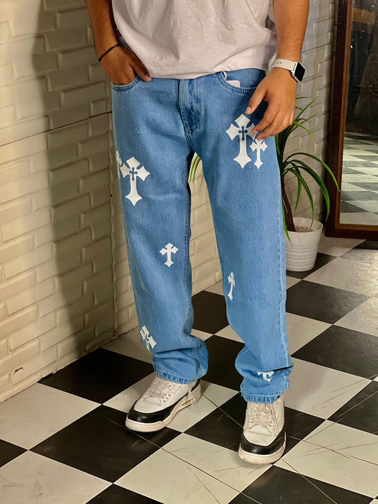 Buy Aesthetic Y2K Cross Printed Straight Fit Baggy Sky Blue Denim Jeans For Men Outfit