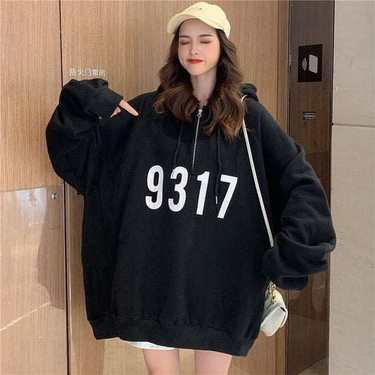 Korean Kawaii Style Oversized Half Zip Pullover Hooded Sweatshirt For Women