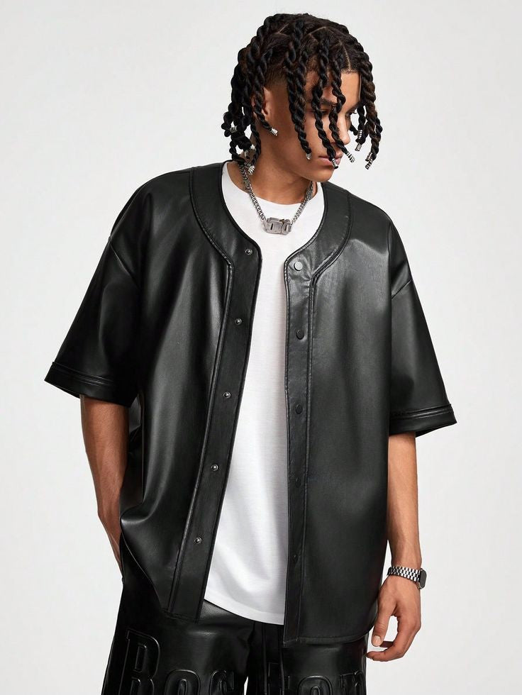 College Style Baseball Oversized Relaxed Fit Front Button Black Vegan Leather Jersey