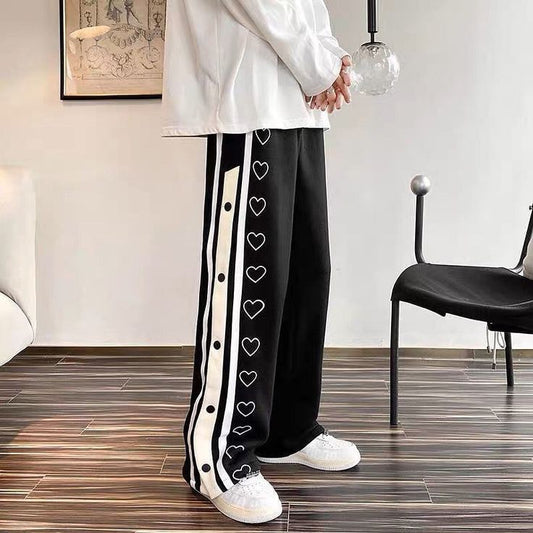 Aesthetic Harajuku Y2k Wide Leg Heart Print Snap Button Joggers Pant For Men