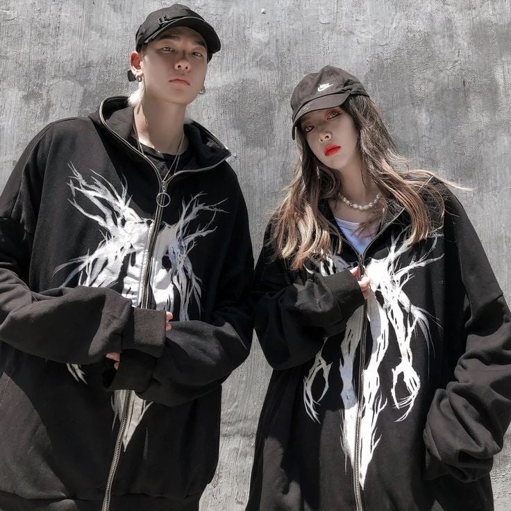 Aesthetic Y2K Couples Vintage Gothic Graphic Printed Full Zip Up Couples Zipper Hoodie