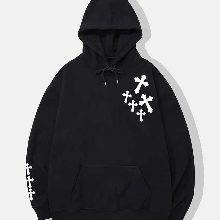 Aesthetic Cross Printed Men's Black Hoodie